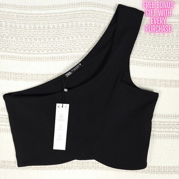 Zara Black One Shoulder Crop Top Asymmetrical Tank Size Large NWT - Picture 1 of 7